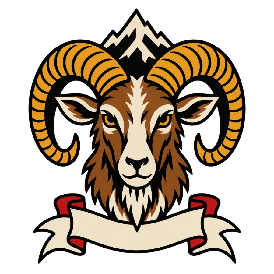 American traditional tattoo of a horned goat head with a mountain behind
