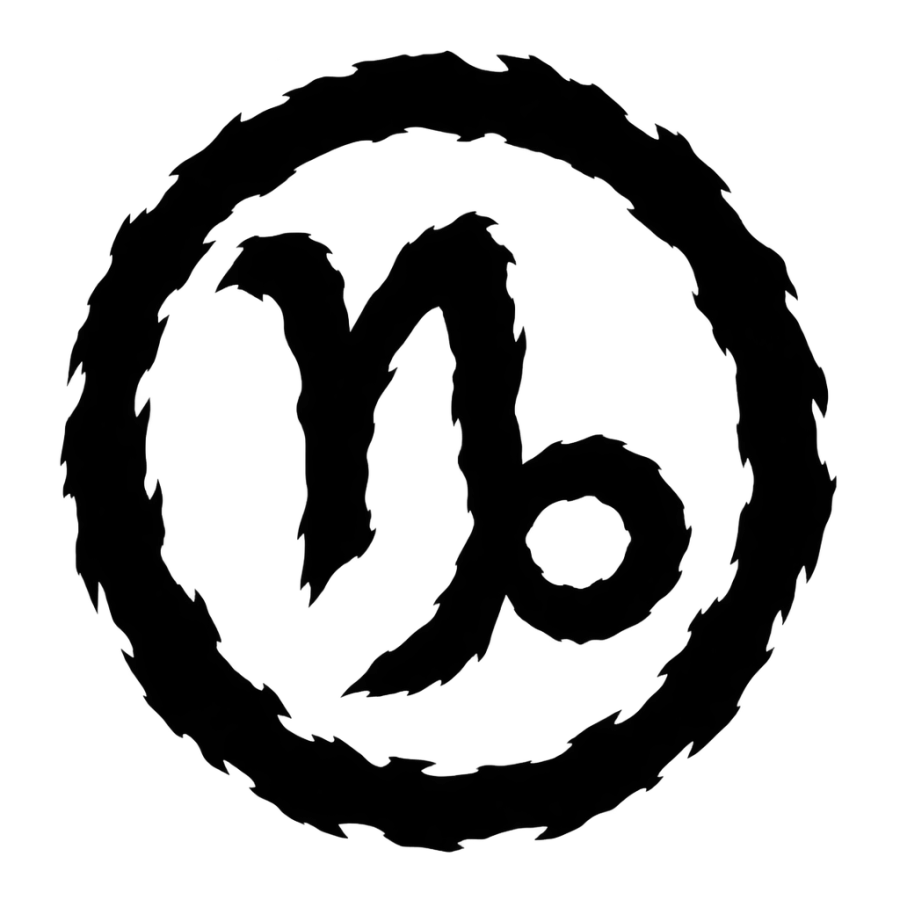 Blackwork tattoo of the Capricorn glyph as a heavy torn edged mark