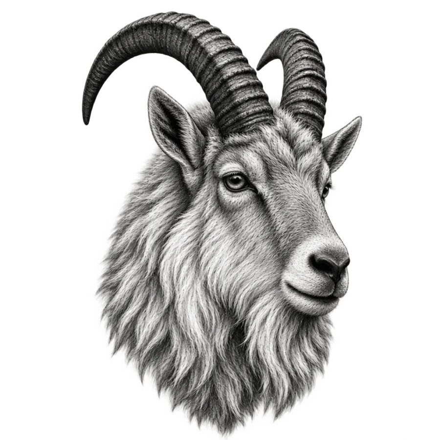 Black and grey realism tattoo of a mountain goat head with ridged horns