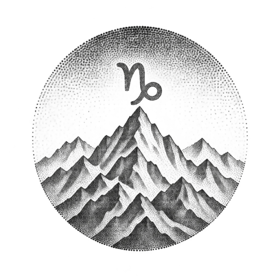 Dotwork tattoo medallion of a mountain range under the Capricorn glyph