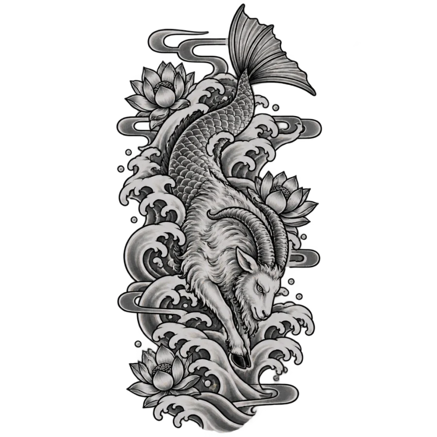 Japanese irezumi tattoo of a sea goat diving through breaking waves