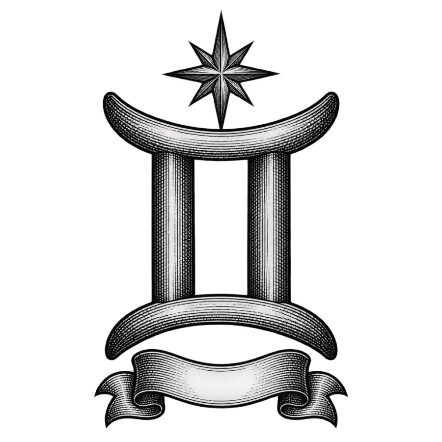 Engraved Gemini glyph tattoo design crowned with a star and scroll