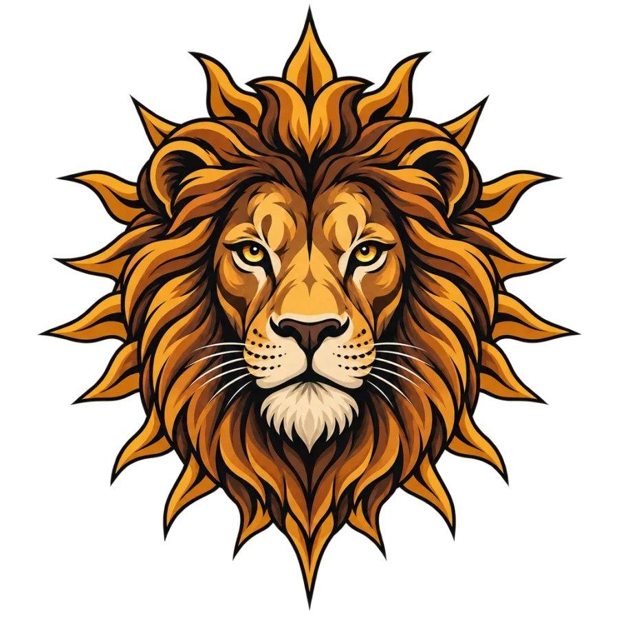 Neo traditional lion head tattoo with a mane of golden sun rays