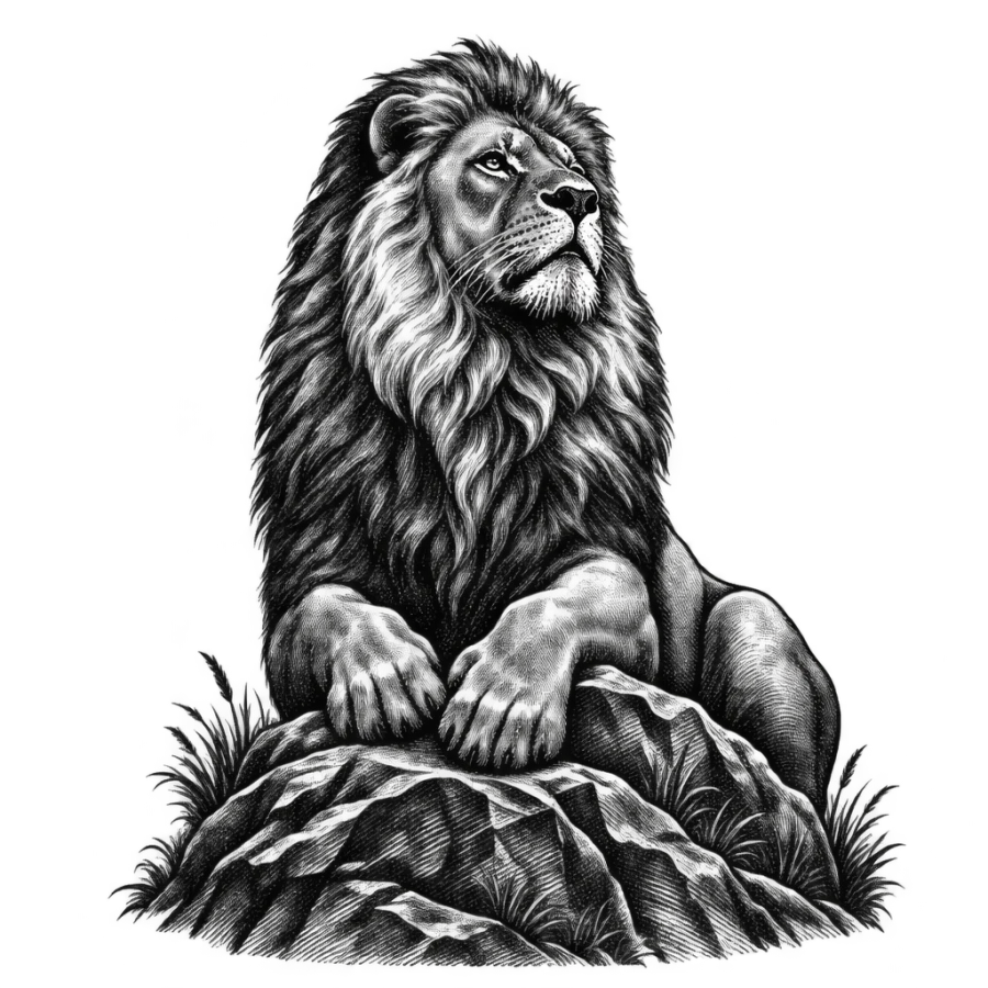 Engraving style tattoo of a lion at rest on a rocky outcrop