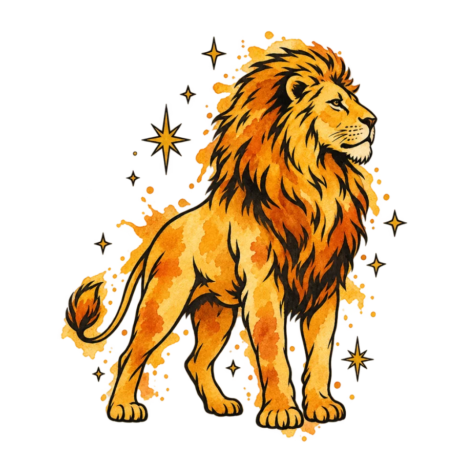 Watercolor tattoo of a lion silhouette in amber washes with scattered stars