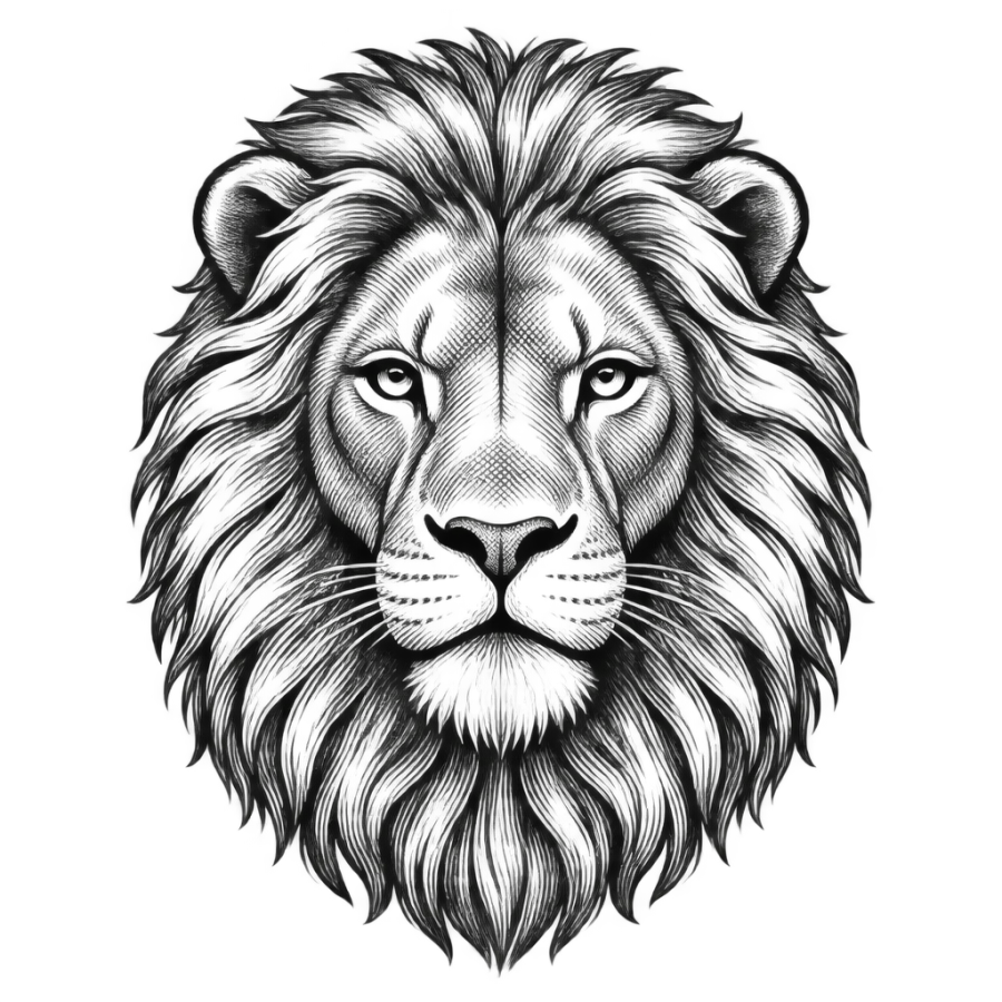 Engraved lion head tattoo design for Leo with hatched mane detail