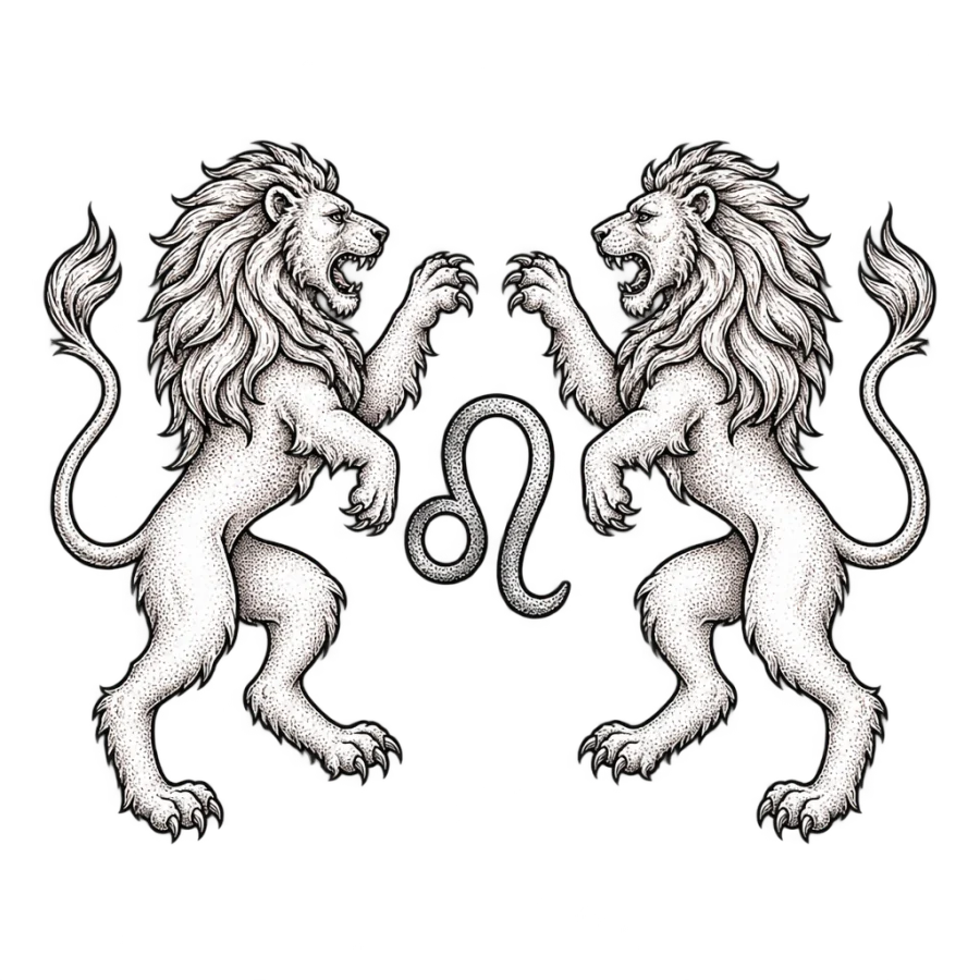 Fine line mirrored heraldic lion pair tattoo design with Leo glyph