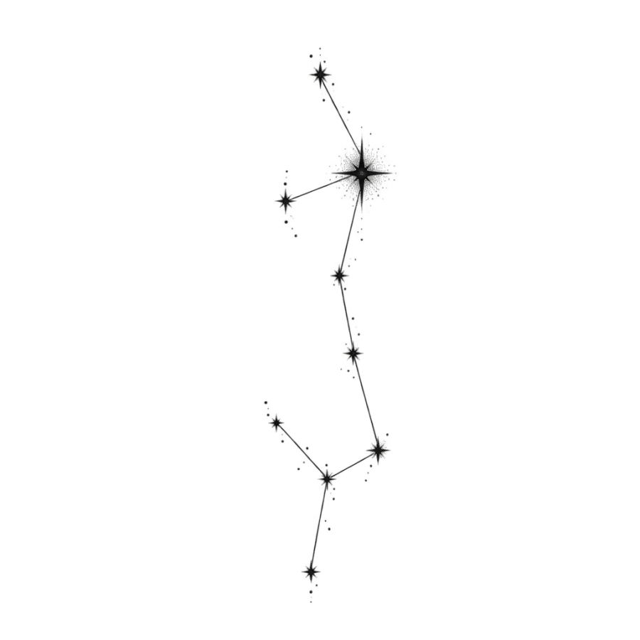 Fine line tattoo of the Leo constellation drawn as a tall star column
