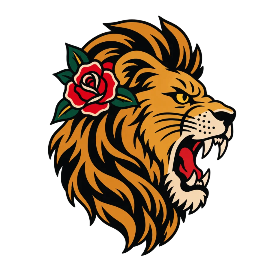 American traditional tattoo of a roaring lion head in profile with a rose