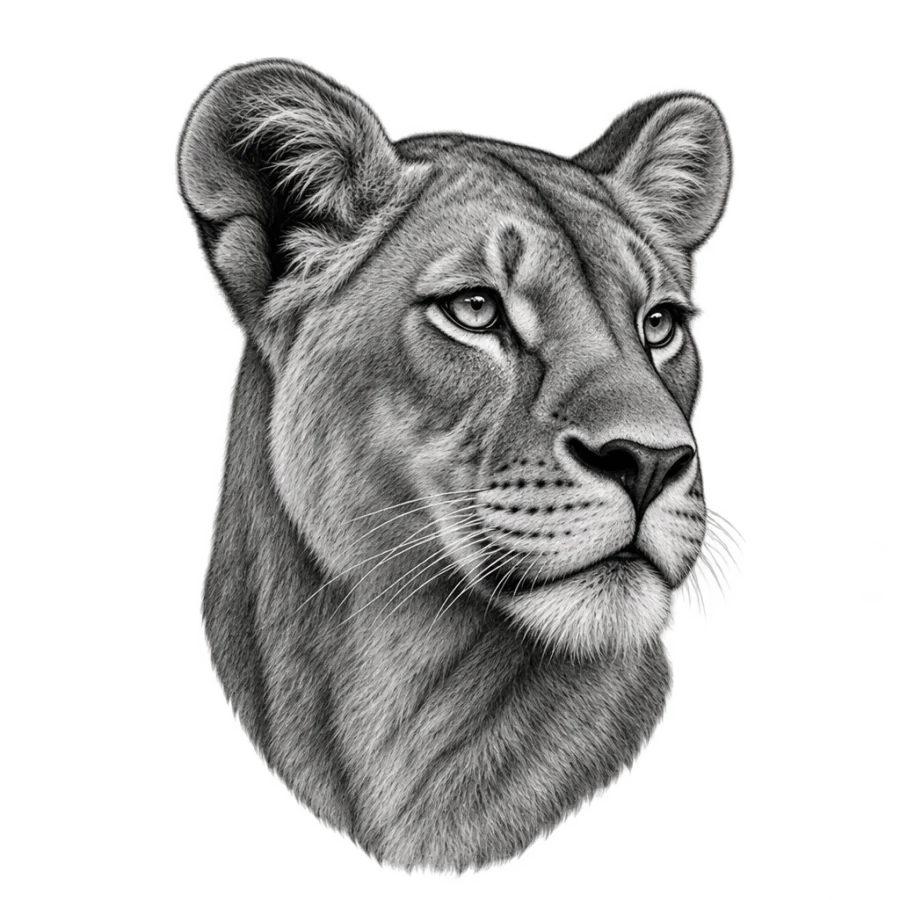 Black and grey realism tattoo of a lioness head in three quarter view