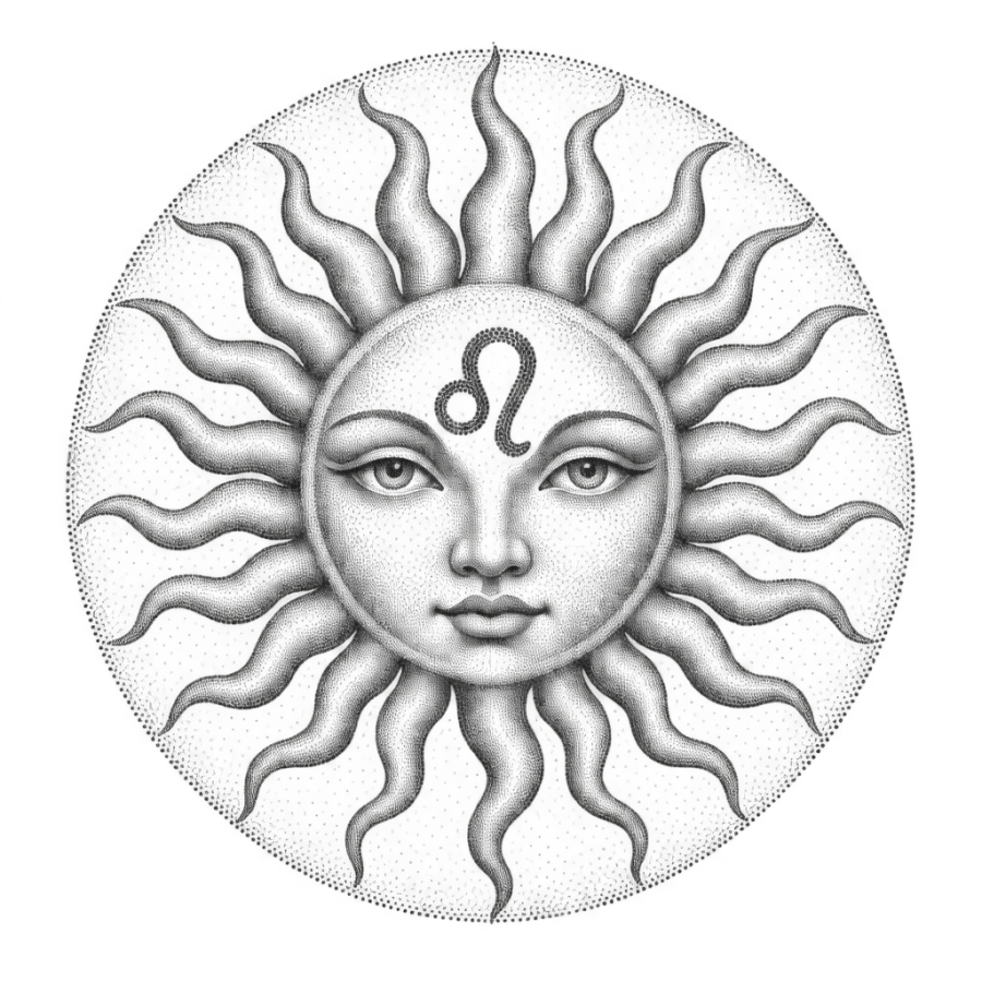 Dotwork stippled sun face medallion tattoo with the Leo glyph at the centre