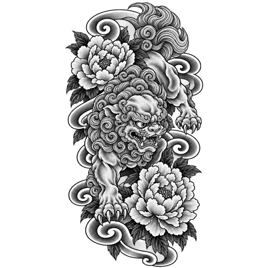Japanese irezumi tattoo panel of a shishi guardian lion among peony blooms