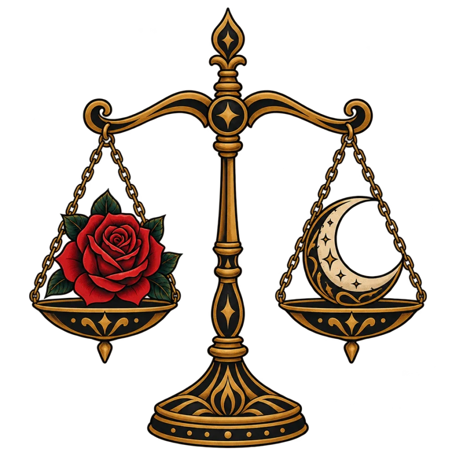 Neo traditional tattoo of balance scales weighing a rose against a moon