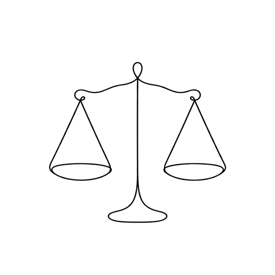 Minimalist single line tattoo of a balance scale in one unbroken stroke