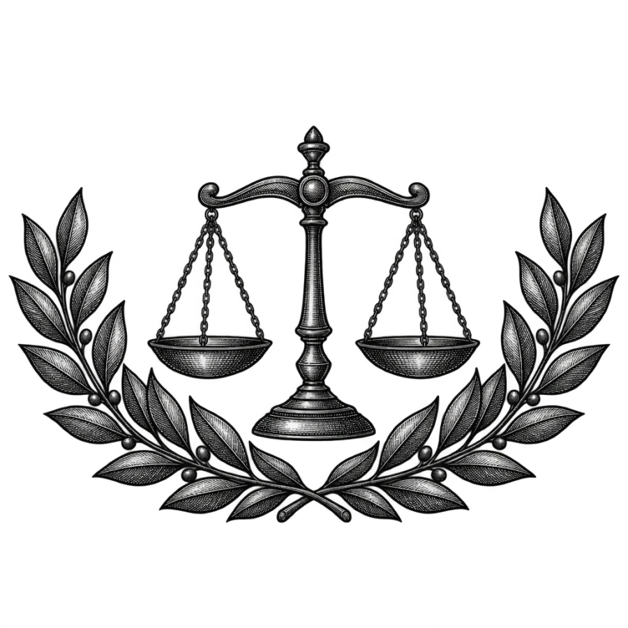 Engraving style tattoo of laurel branches beneath a small balance scale