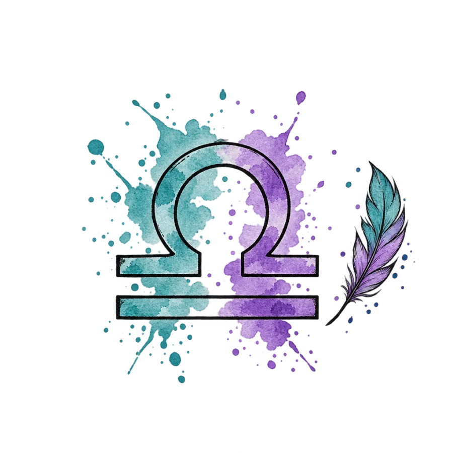 Watercolor tattoo of the Libra glyph in teal and violet washes with a feather