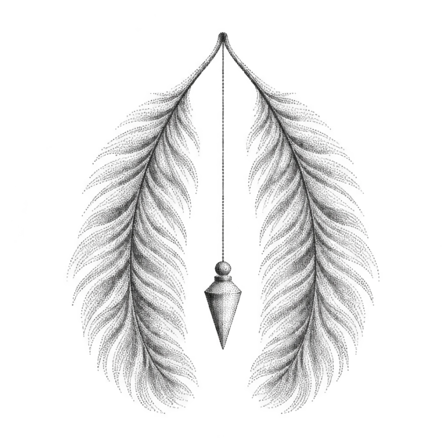 Dotwork balanced feathers and plumb bob tattoo design for Libra
