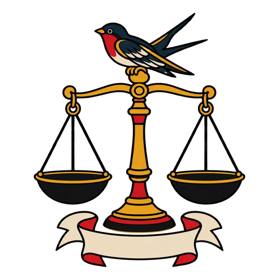 American traditional tattoo of balance scales with a swallow on the beam