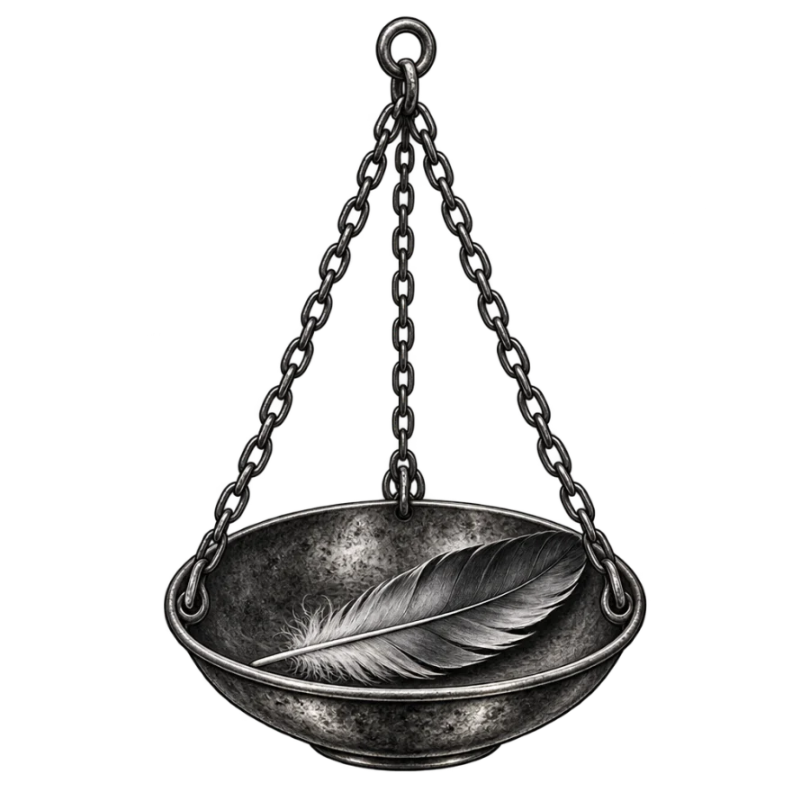 Black and grey realism tattoo of a brass scale pan holding a feather