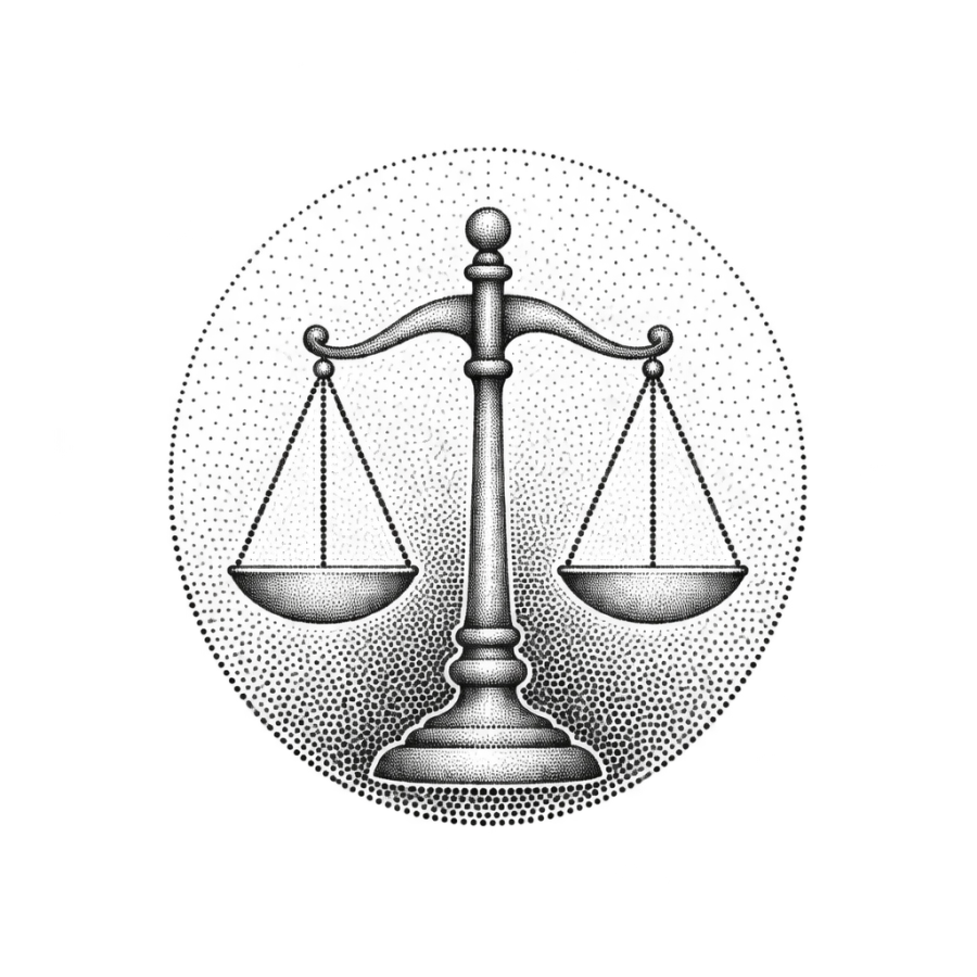 Dotwork tattoo medallion of a balance scale on a graded stippled disc