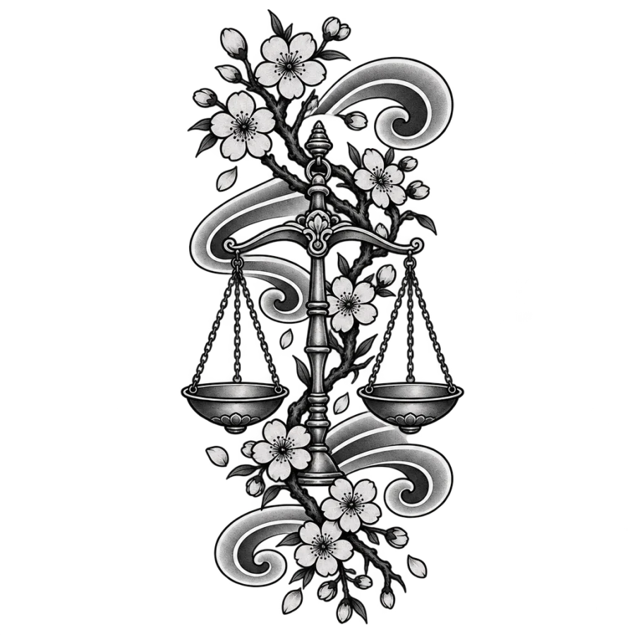 Japanese irezumi tattoo of balance scales among cherry blossom branches