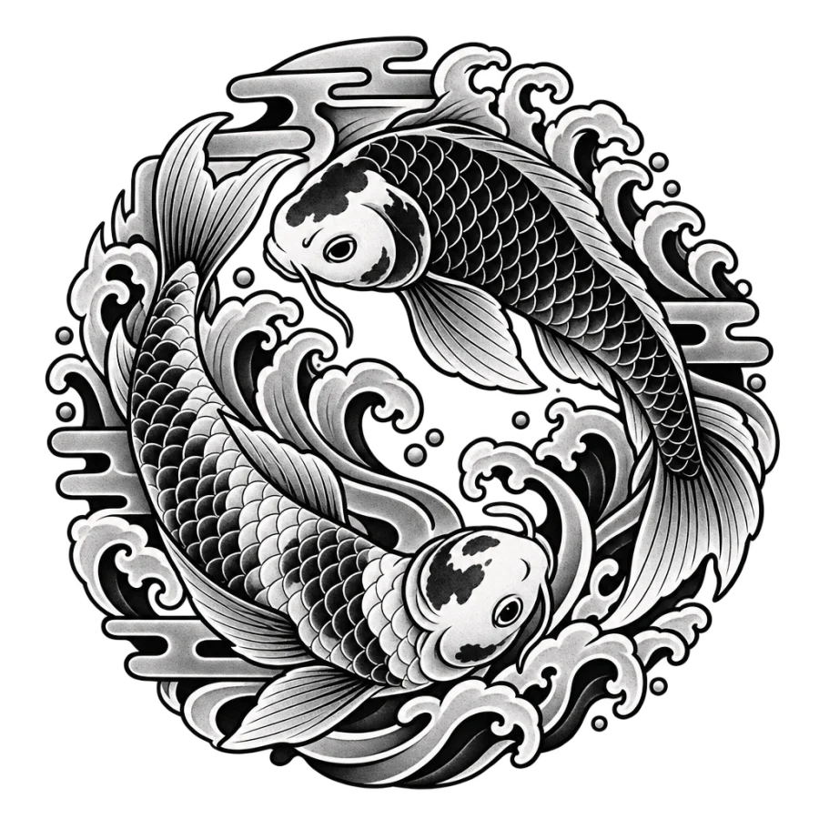 Japanese irezumi tattoo of two koi fish circling in a yin yang ring