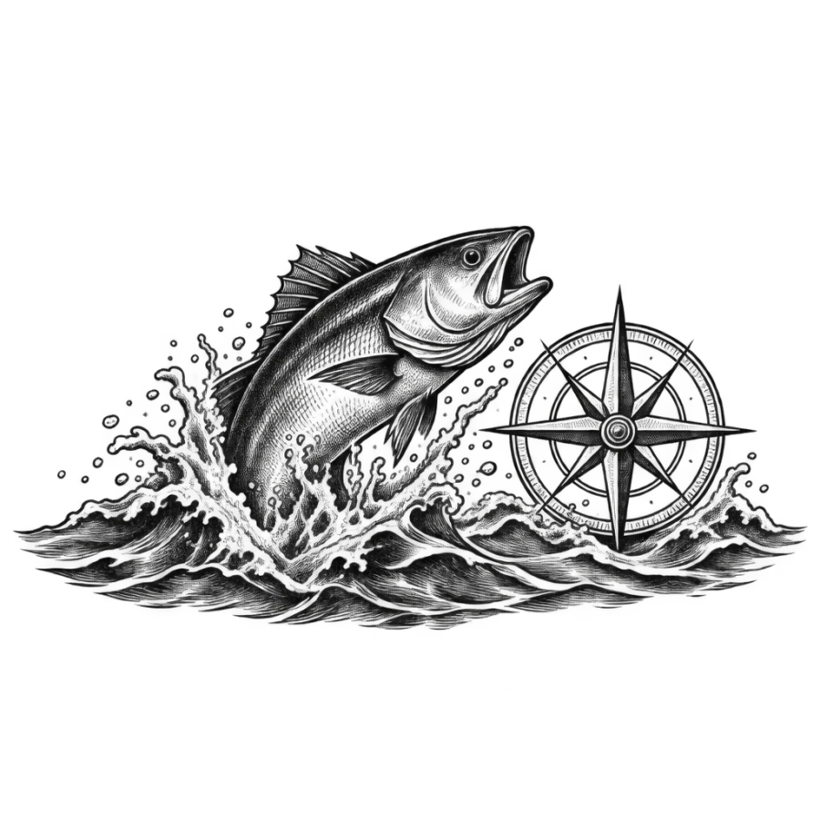 Engraved woodcut tattoo of a fish and compass rose above water