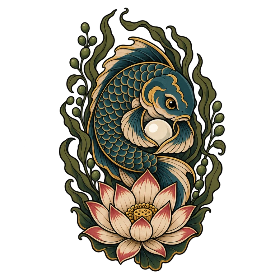 Neo traditional tattoo of a fish cradling a pearl inside a lotus frame