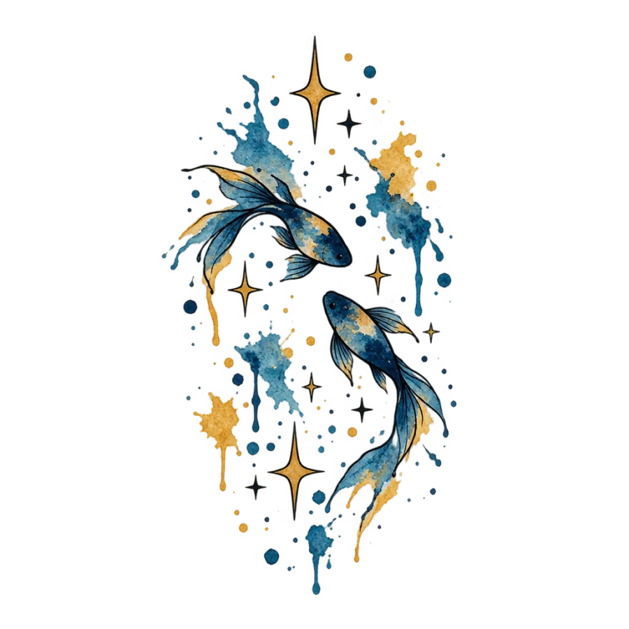 Watercolor tattoo of two fish swimming through a scatter of stars