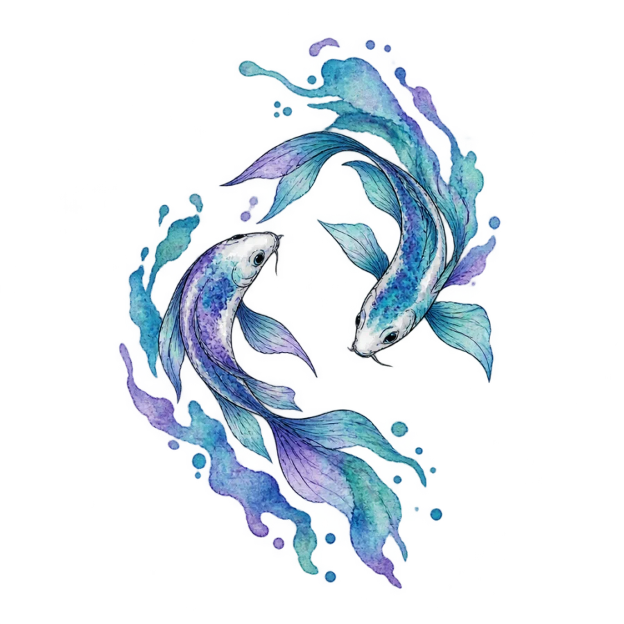 Watercolour Pisces tattoo of two fish with washes trailing behind