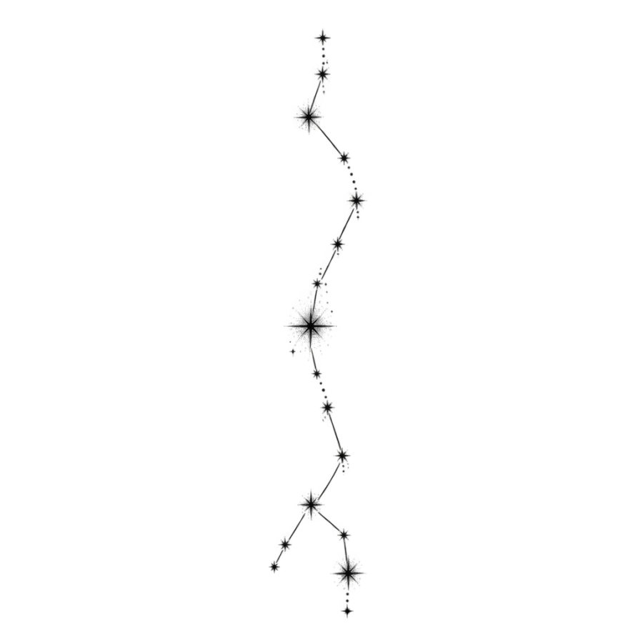 Fine line tattoo of the Pisces constellation drawn as a tall star column