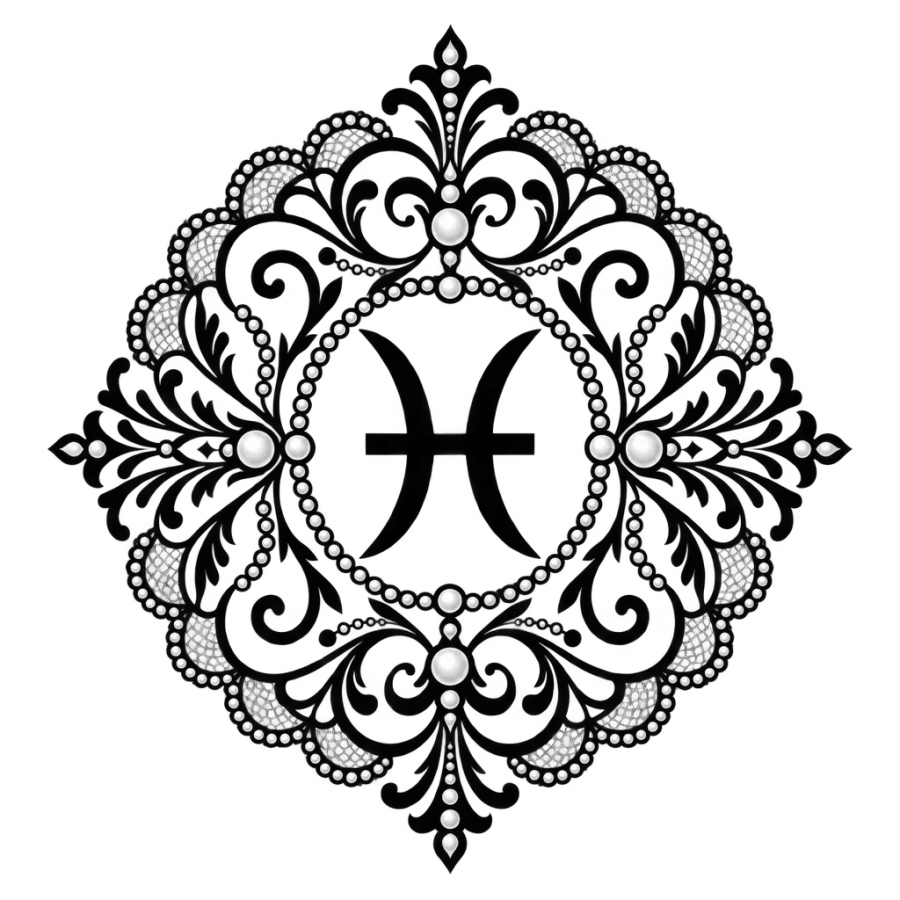 Ornamental filigree tattoo of the Pisces glyph inside a lace medallion