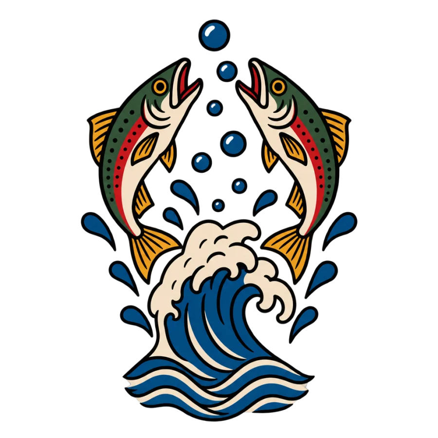 American traditional tattoo of two fish leaping over a cresting wave