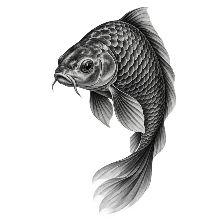 Black and grey realism tattoo of one fish with detailed overlapping scales
