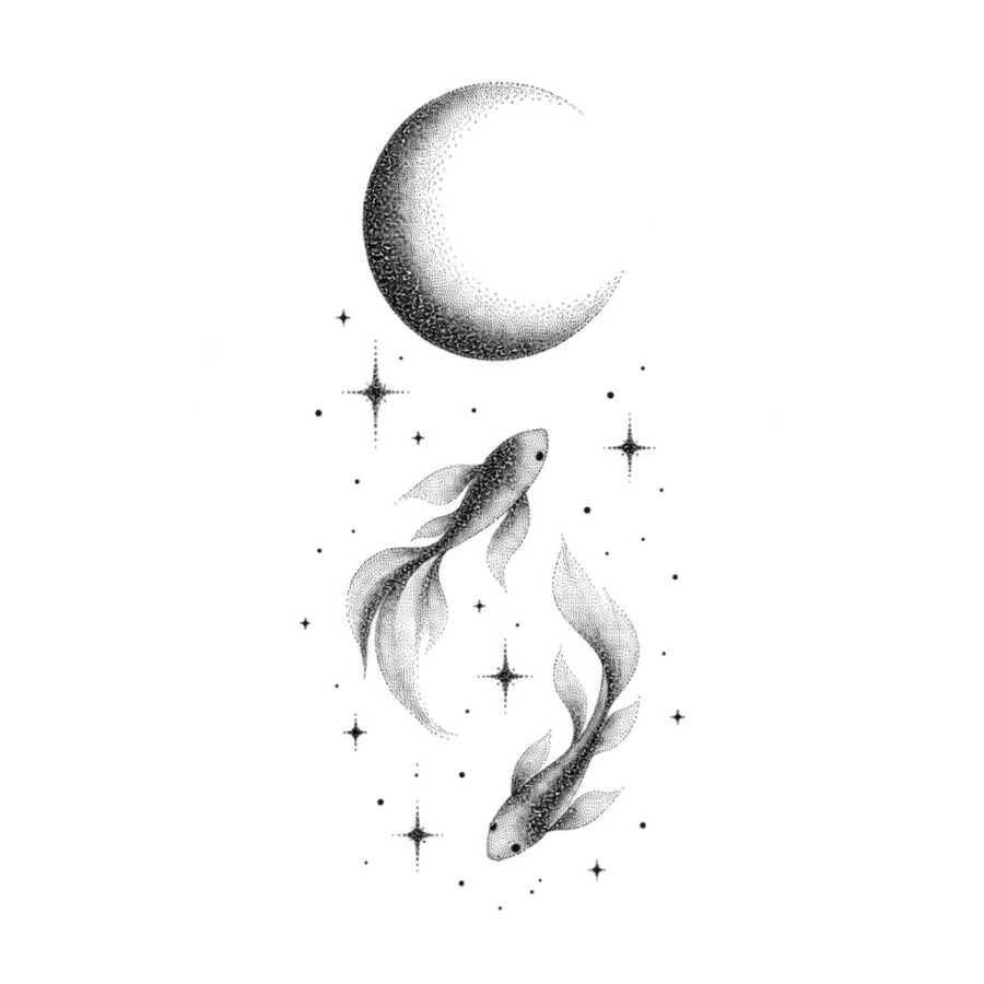 Dotwork stipple tattoo of a crescent moon above two drifting fish