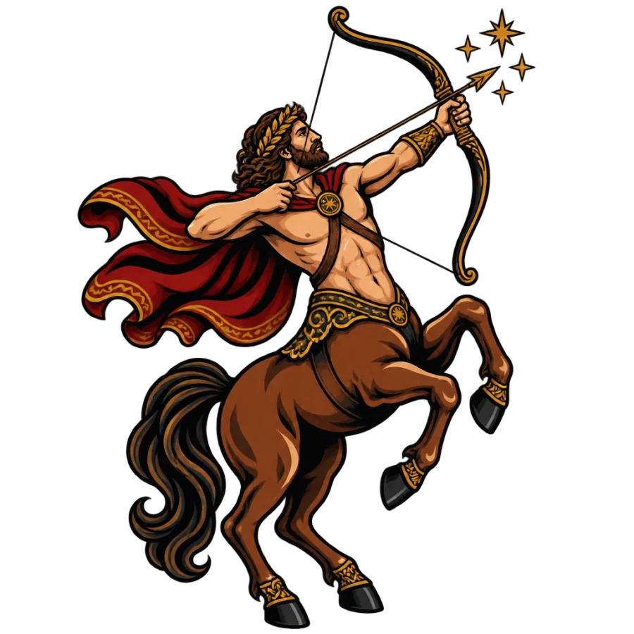 Neo traditional tattoo of a centaur archer rearing with a drawn bow
