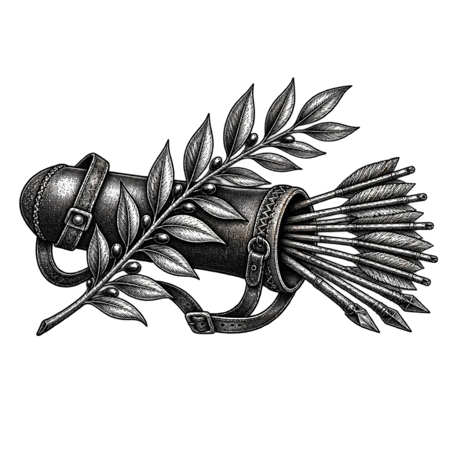 Engraving style tattoo of a quiver spilling arrows under a laurel branch