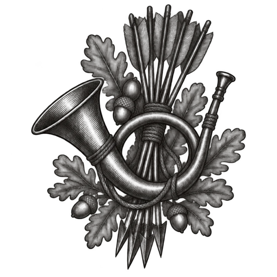 Engraved Sagittarius tattoo design of a hunting horn with bundled arrows