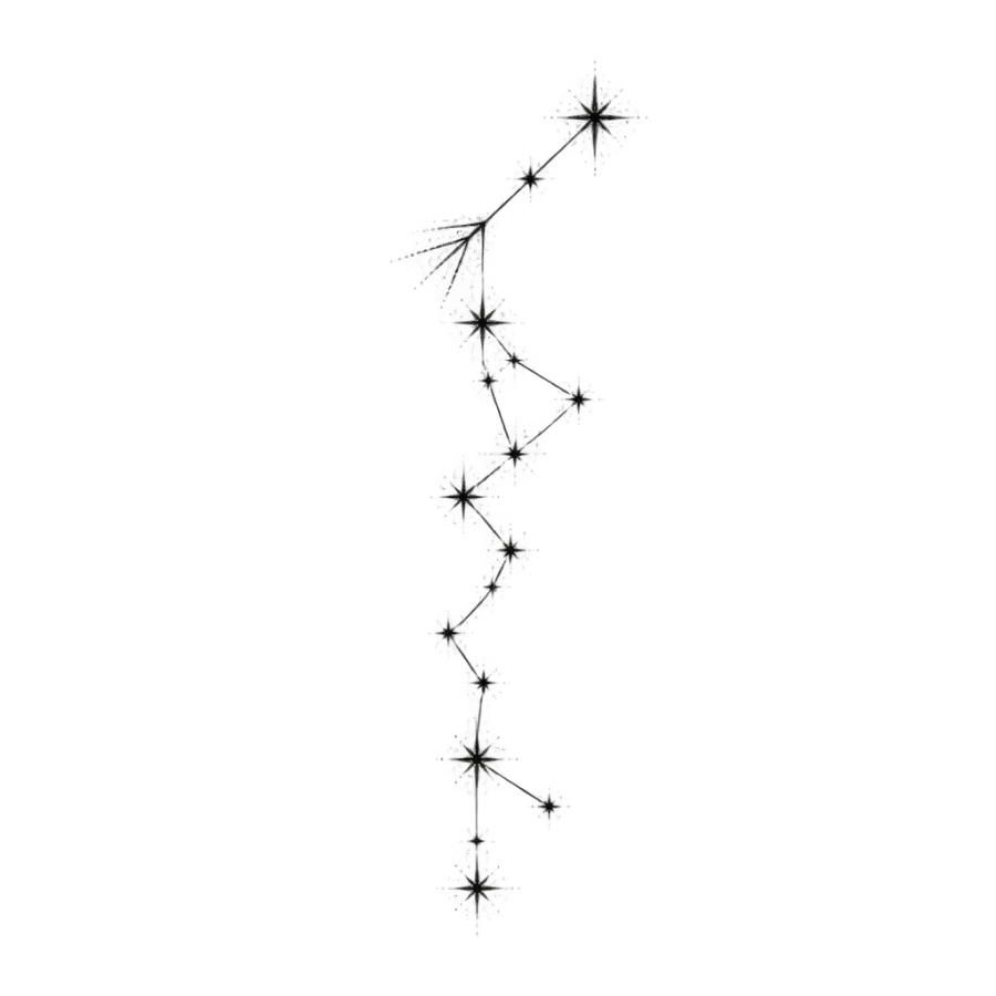 Fine line tattoo of the Sagittarius constellation as a tall star column