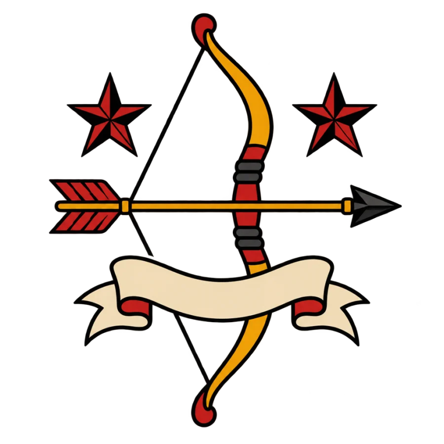 American traditional tattoo of a bow with a nocked arrow and two stars