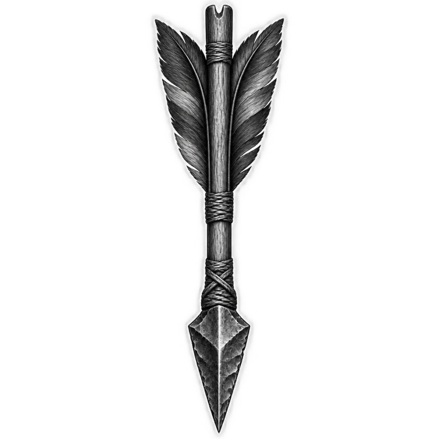 Black and grey realism tattoo of an arrow with detailed feather fletching