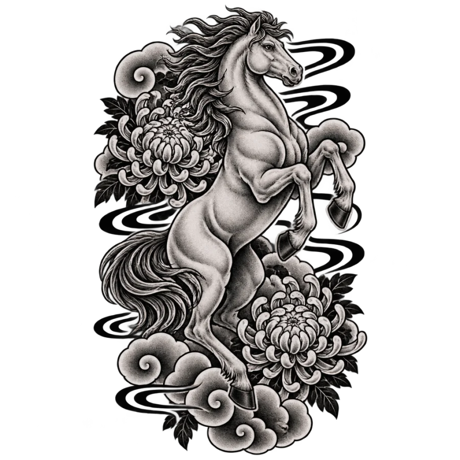 Japanese irezumi tattoo of a rearing horse among clouds and chrysanthemums