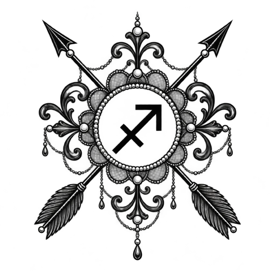 Ornamental filigree medallion tattoo of crossed arrows and the Sagittarius glyph