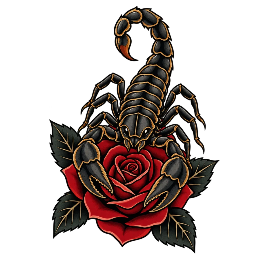 Neo traditional tattoo of a scorpion with arched tail over an open rose