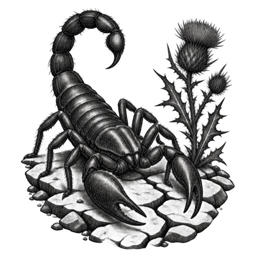 Engraving style tattoo of a scorpion crossing desert stones by a thistle