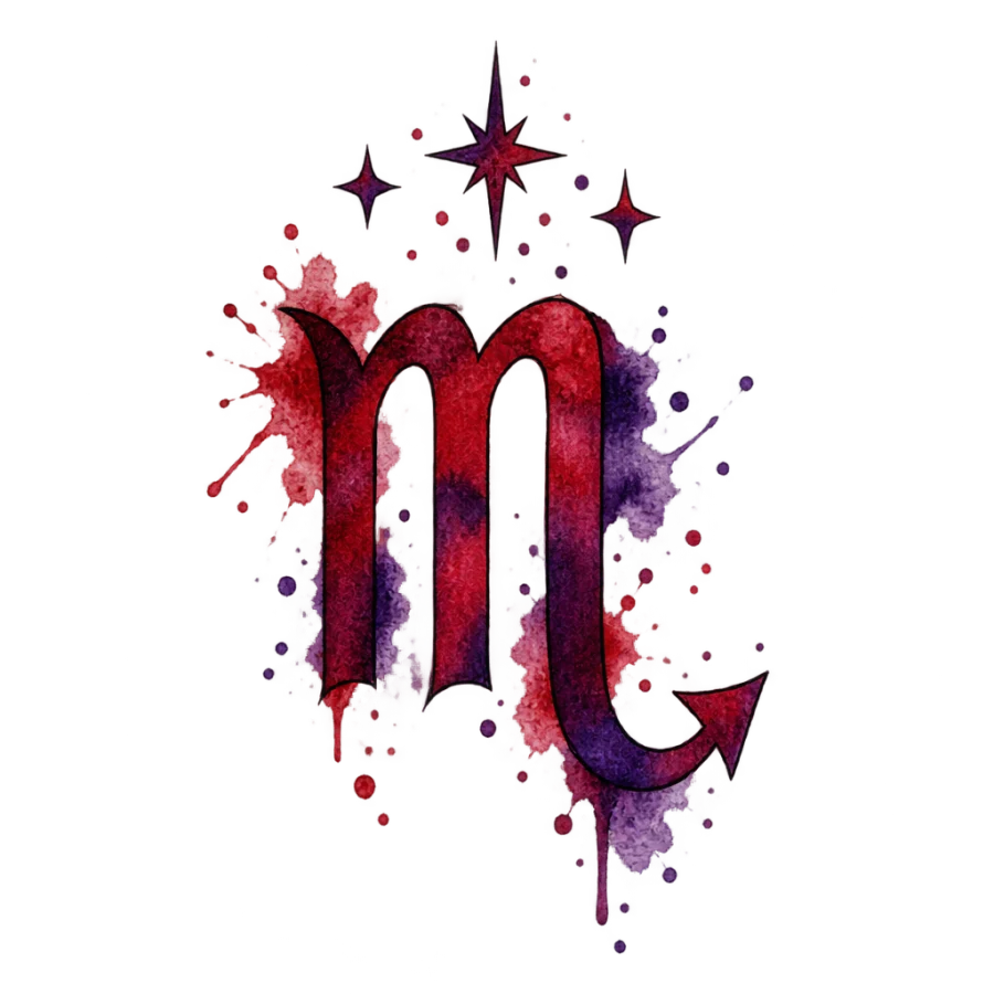 Watercolor tattoo of the Scorpio glyph in crimson and purple washes
