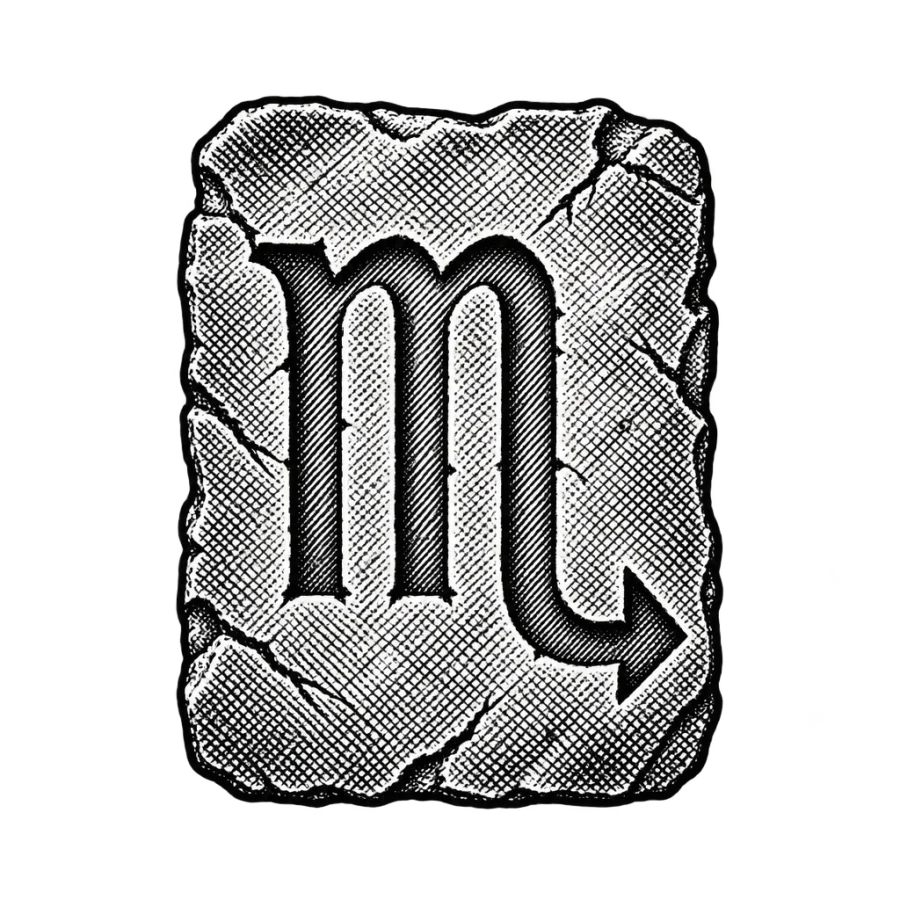 Engraved woodcut Scorpio tattoo design with the glyph carved into a stone tablet