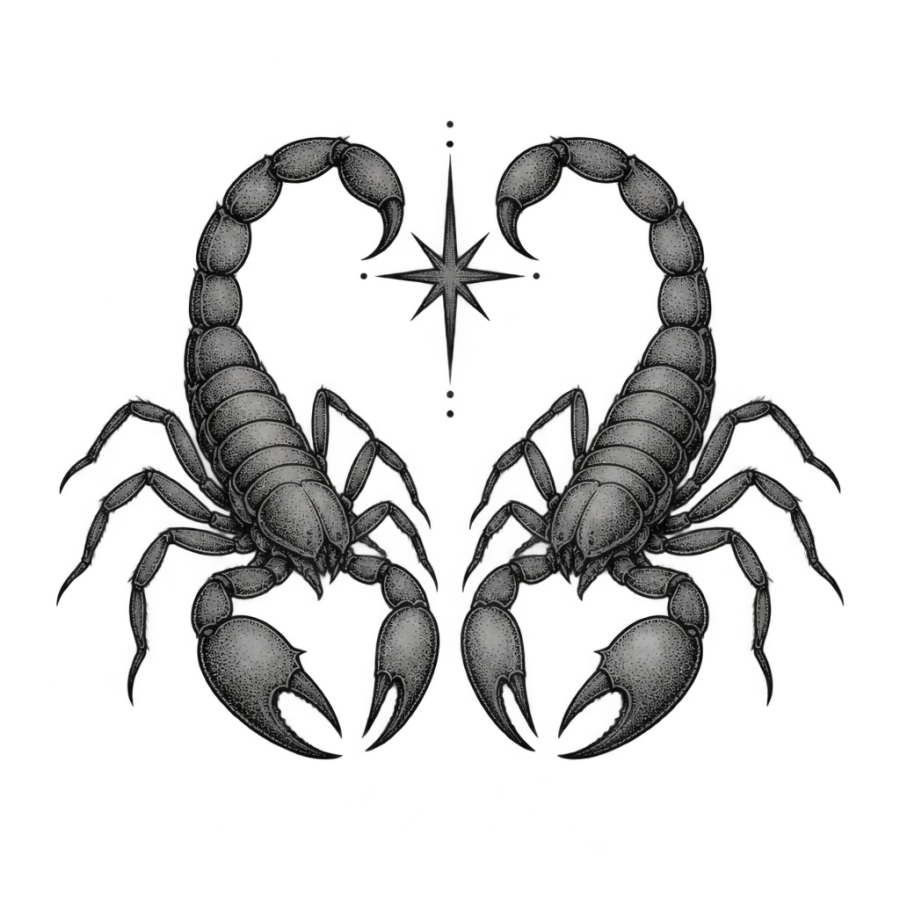 Fine line Scorpio tattoo design of two mirrored scorpions framing a bright star