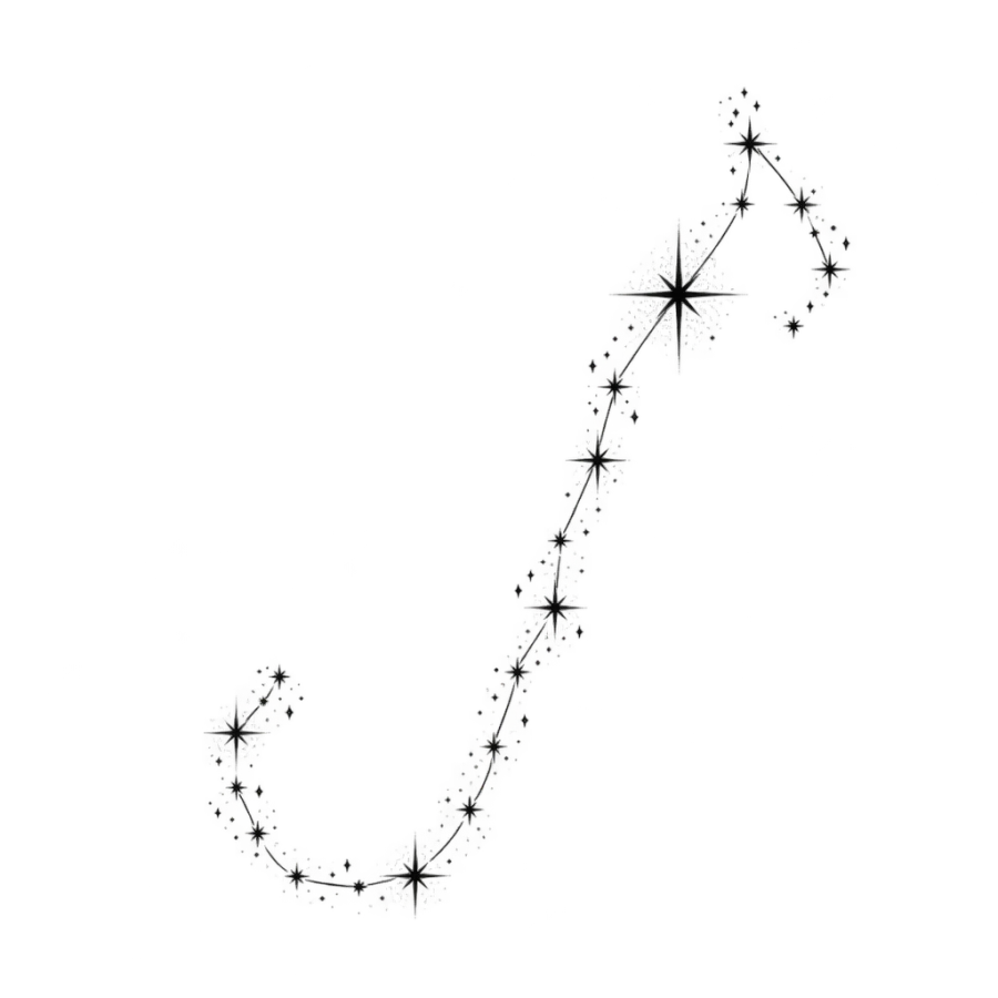 Fine line tattoo of the Scorpio constellation curving like a scorpion tail