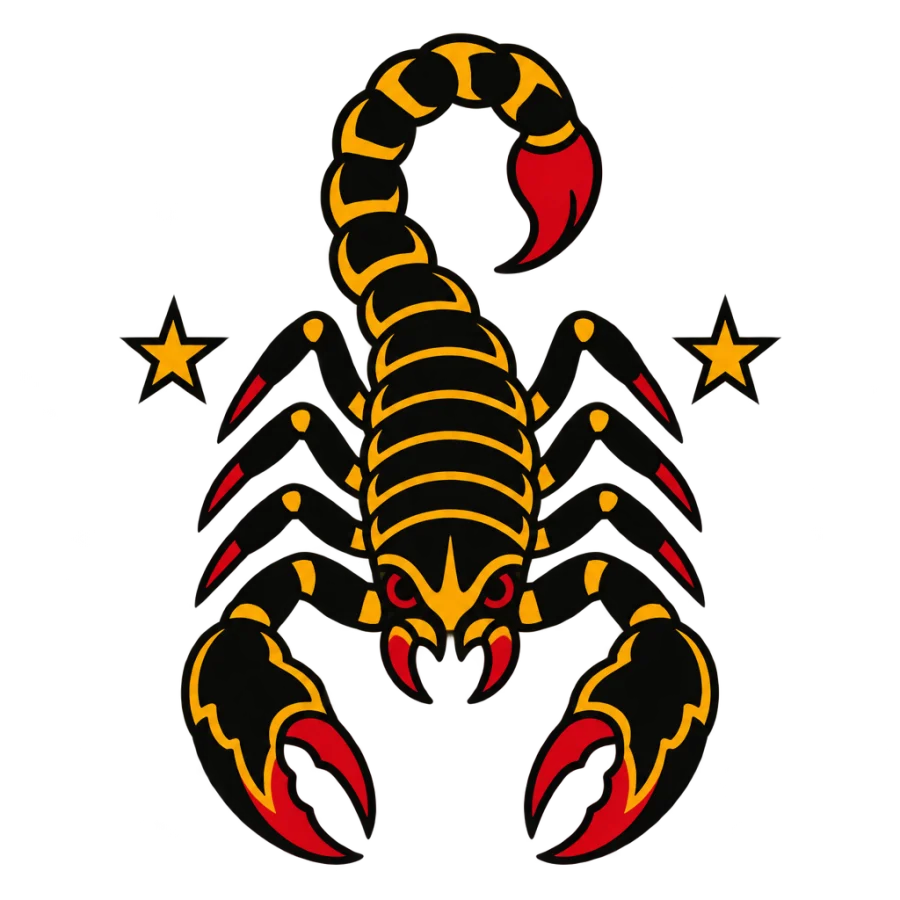 American traditional tattoo of a scorpion front on with claws spread wide